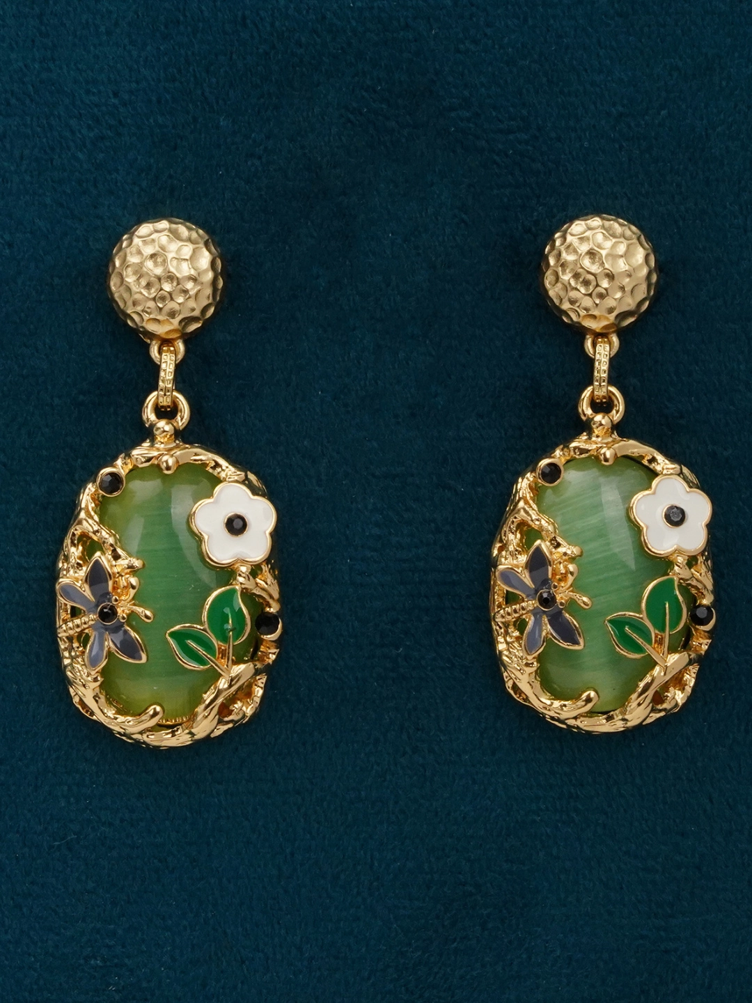 Enchanted Garden Floral Earrings with Green Oval Stones & Dragonfly Accents