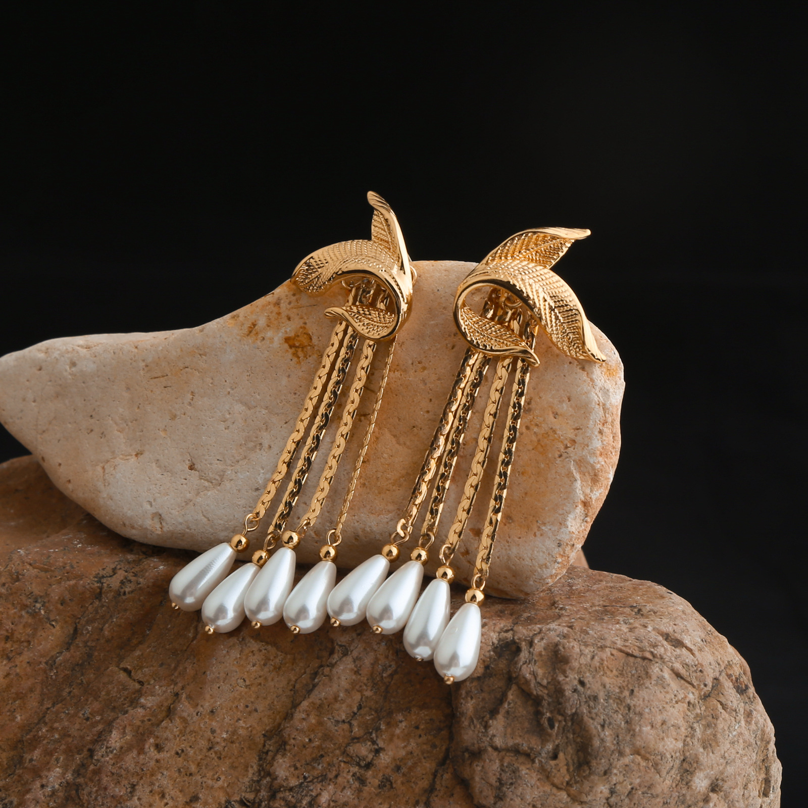 Handmade Style Gold Leaf Earrings with Flowing Pearl Tassels