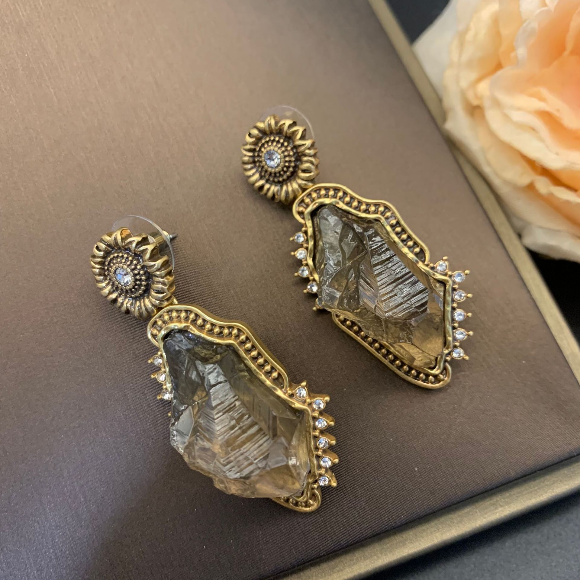 Bohemian Raw Crystal Earrings with Antique Gold Finish