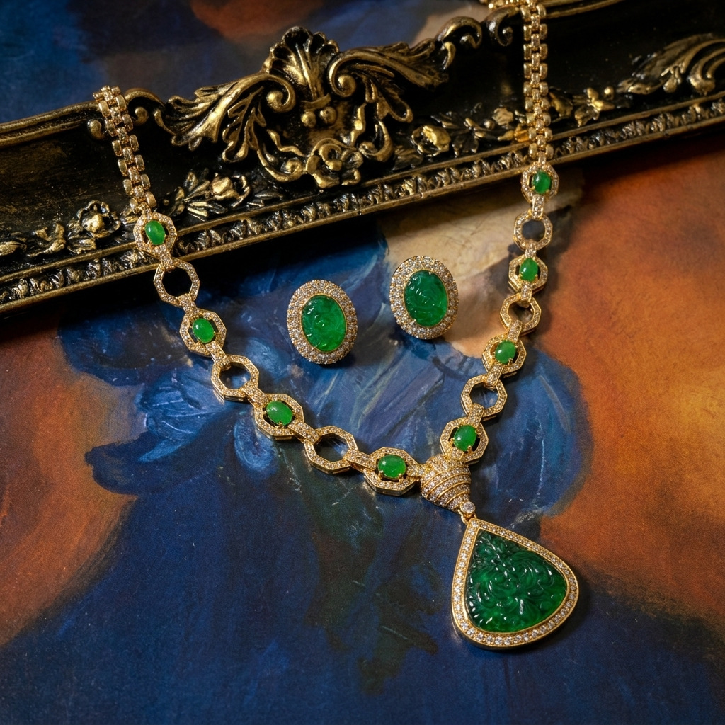 Luxury Emerald Jewelry Set – Vintage Gold Necklace & Earrings Jewelry Set