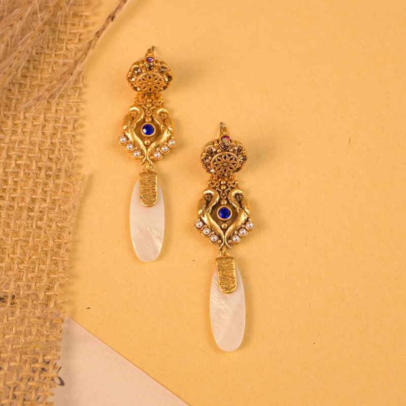 Luxury Shell Pendant Earrings in Antique Gold Finish