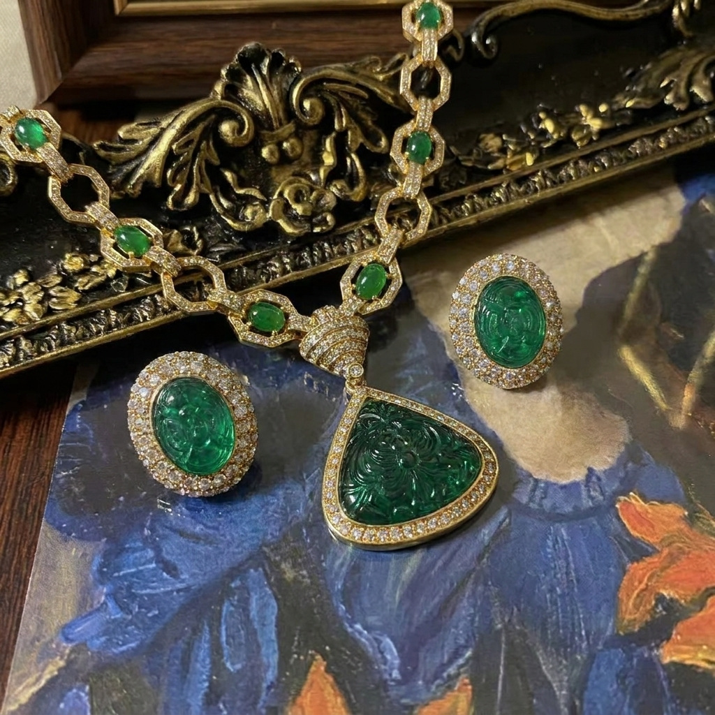 Luxury Emerald Jewelry Set – Vintage Gold Necklace & Earrings