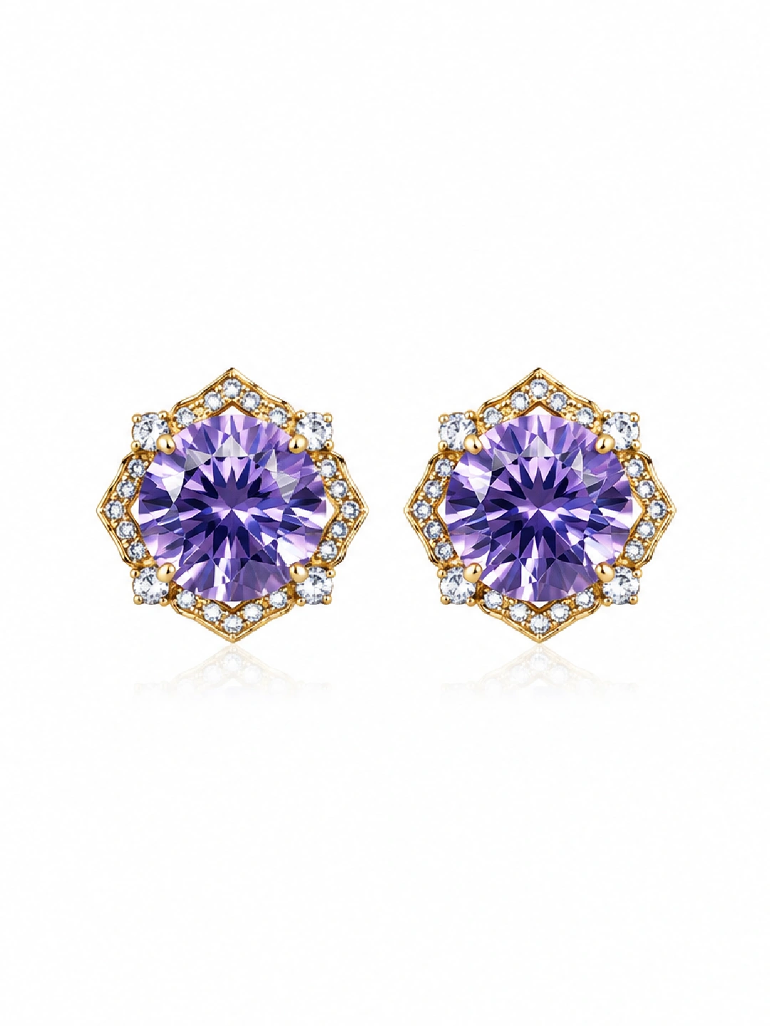 Geometric Flower Amethyst Purple Stone Stud Earrings for Women